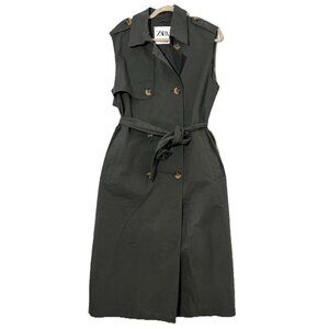 Zara Trench Coat Vest Dress Womens M Green Long Belted Double Breasted Office